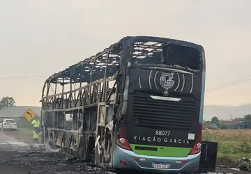 Ônibus fica totalmente destruído após pegar fogo na PR-986, em Rolândia; ninguém se feriu - Foto: Reprodução