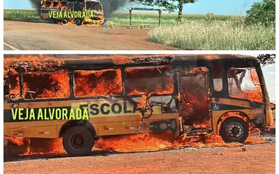 Ônibus escolar fica totalmente destruído, após pega fogo as margens da PR-090 em Alvorada do Sul